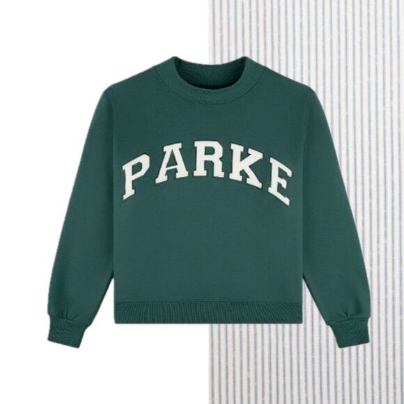 NEW Parke Varsity Mockneck Sweatshirt Sweater in Evergreen + White L/XL - Picture 2 of 3